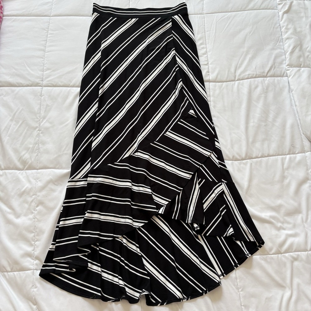 Womens 4/6 Maxi Skirt Black White Striped Ruffle Quiet Luxury Preppy Designer
